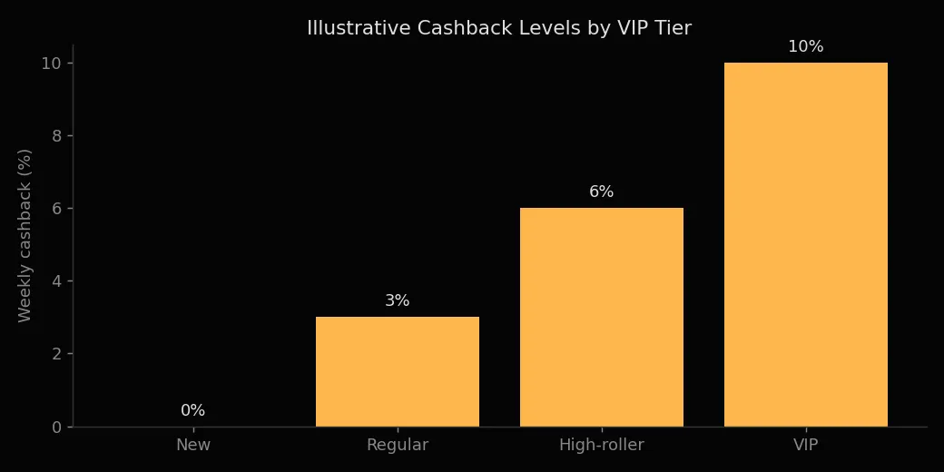 Illustrative cashback levels by VIP tier at Rollxo